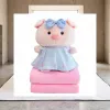Pink little pig doll, blue dress, blue and white checkered bow, plush toy, children's gift details Picture